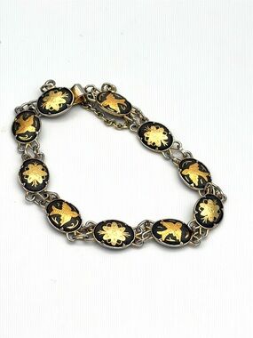 Spanish Damascene Vintage Gold on Black Birds and Floral Art Disc Link Bracelet
